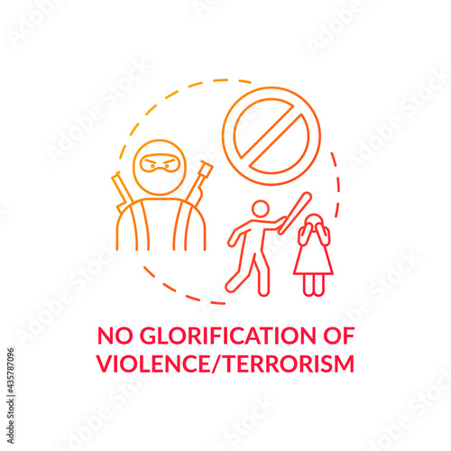 No violence and terrorism glorification concept icon. SM safety idea thin line illustration. Fighting with violent extremists and terrorists on Internet. Vector isolated outline RGB color drawing