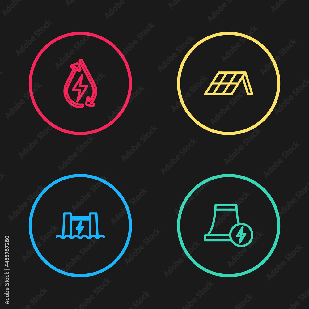 Set line Hydroelectric dam, Nuclear power plant, Solar energy panel and Water icon. Vector Set line Hydroelectric dam, Nuclear power plant, Solar energy panel and Water icon. Vector