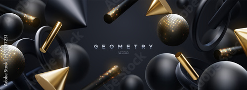 Black and golden geometric shapes backdrop. Abstract elegant background.
