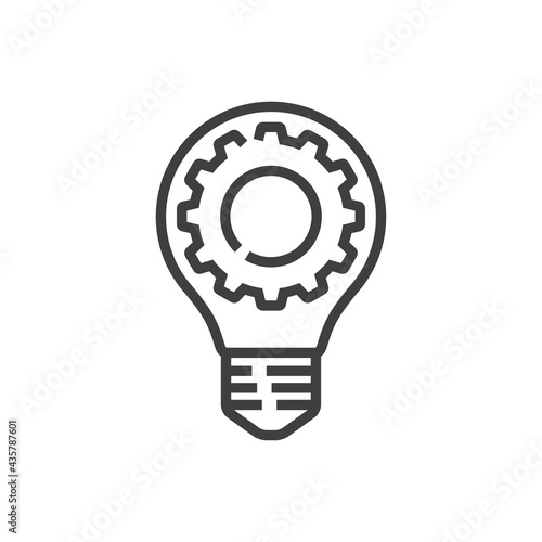 Logotipo de bombilla en engranaje con lineas en color gris