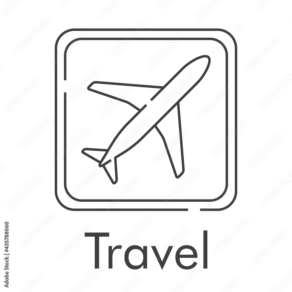 Logotipo con texto Travel y silueta de avión con trayectoria en cuadrado con lineas en color gris
