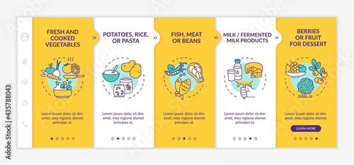 Healthy school meal components onboarding vector template. Responsive mobile website with icons. Web page walkthrough 5 step screens. Fresh vegetables color concept with linear illustrations
