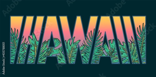Exotic hawaii and summer surfing. Tropic plant for t-shirt print. Palm and monstera for tropical surf design