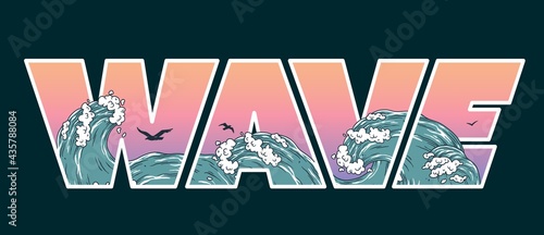 Summer wave. Sea, ocean surfing for t-shirt print. Beach coast surf design