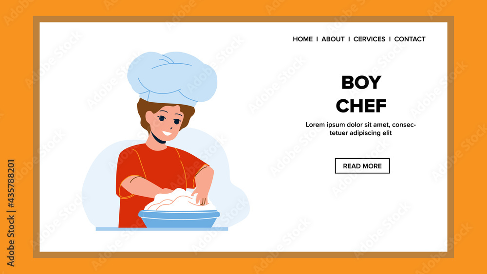 Boy Chef Prepare Dough For Delicious Cakes Vector. Boy Chef Help Parents On Kitchen, Cooking And Baking Cookies. Character Child Cook Pastry Dessert Food Web Flat Cartoon Illustration