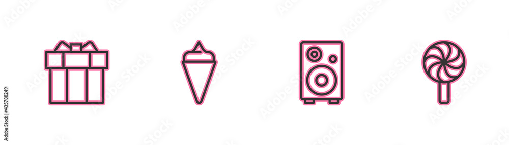 Set line Gift box, Stereo speaker, Ice cream in waffle cone and Lollipop icon. Vector Set line Gift box, Stereo speaker, Ice cream in waffle cone and Lollipop icon. Vector