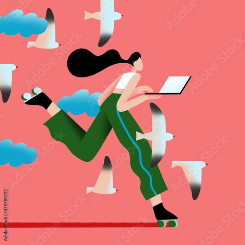Roller skating girl with laptop on the pink background. Illustration about freelance and remote work. Flat illustration for postcards, magazines and posts.