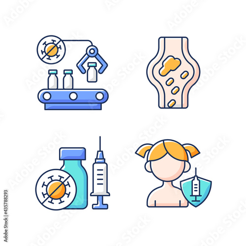 Vaccination RGB color icons set. Pharmaceutical manufacture. Drug production and distribution. Health care and medicine. Pharmacy production. Blood clots as side effect. Isolated vector illustrations