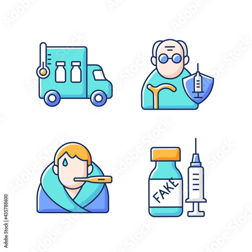 Covid spread prevention RGB color icons set. Vaccine distribution. Senior patient immunization. Fever symptom, false drug. Healthcare and medicine. Clinical treatment. Isolated vector illustrations