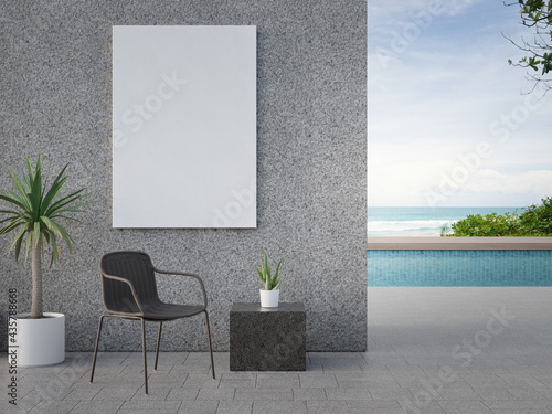 Chair on terrace near swimming pool in modern beach house or luxury villa. Picture frame 3d rendering with sea view.
