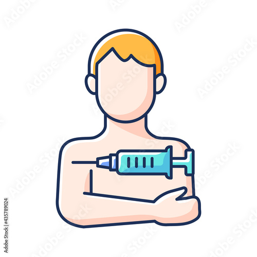 Injection in arm RGB color icon. Influenza clinic treatment. Drug inoculation. Vaccine shot for male patient. Health care and medicine. Hospital appointment. Isolated vector illustration