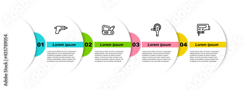 Set line Electric cordless screwdriver, planer tool, Angle grinder and jigsaw. Business infographic template. Vector