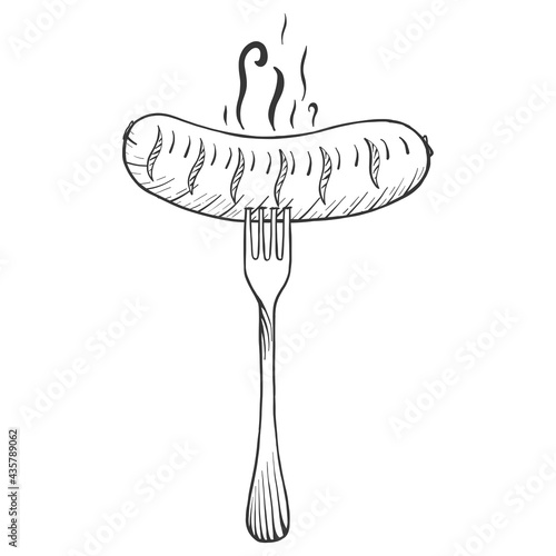 Fragrant sausage on a fork. Sketch scratch board imitation. Black and white.