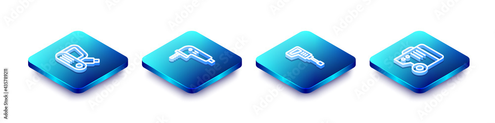 Set Isometric line Electric planer tool, jigsaw, Rotary hammer drill machine and Power electric generator icon. Vector Set Isometric line Electric planer tool, jigsaw, Rotary hammer drill machine and Power electric generator icon. Vector