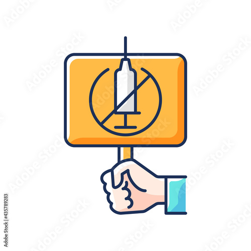 Anti vaxxer RGB color icon. Demonstration against covid drug injections. Placard for anti vax protest. Movement against immunization. Health care and medicine. Isolated vector illustration
