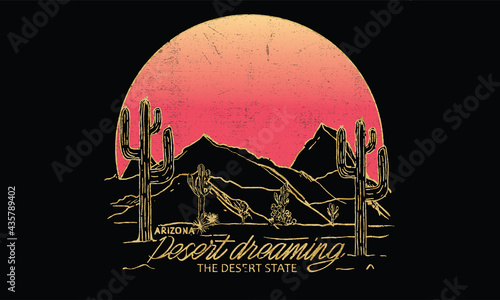 Arizona t-shirt design with  mountains and sun. Desert graphics for tee shirt . Foil desert design.
