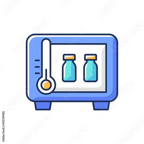 Vaccine storage RGB color icon. Refrigerator with drug vials. Storing pharmaceutical supplies. Cooler with medical bottles. Pharmacy and medicine. Health care. Isolated vector illustration