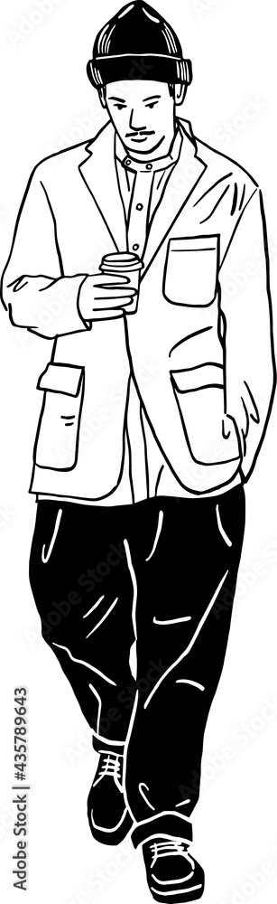 Man holding coffee cup Hipster people street wear Hand drawn line art Illustration