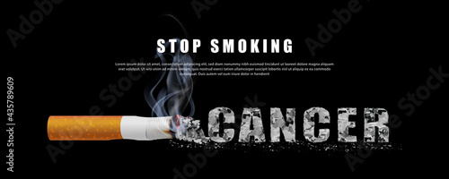 Stop smoking campaign illustration no cigarette for health cancer letters of smoking ashes in black background