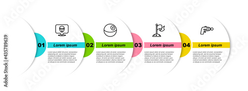 Set line Alien, Planet, Moon with flag and Ray gun. Business infographic template. Vector