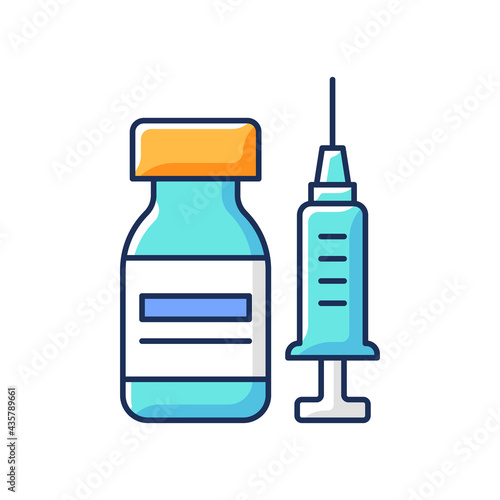 Vaccine bottle RGB color icon. Vial with drug and syringe. Pharmaceutical remedy for influenza. Medication for flu. Disease treatment. Health care therapy. Isolated vector illustration
