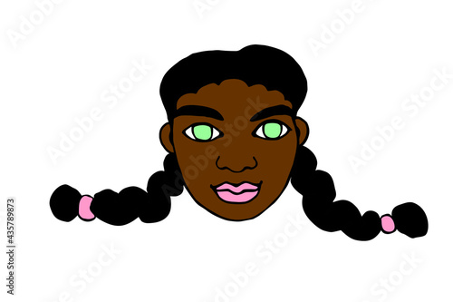 Face, head of a girl, woman with two braids. Vector hand drawn color illustration in the style of doodle isolated on white background. Different and beautiful