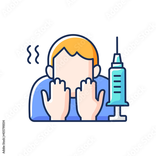 Fear of vaccination RGB color icon. Phobia of injection. Afraid of syringe needles. Health treatment problem. Scared of vaccine shot. Anti vaxxer. Patient with anxiety. Isolated vector illustration
