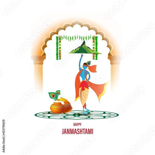 vector illustration for Indian festival Janmashtami, birth of lord Krishna (Hindu god), butter pots, flute on colorful abstract background