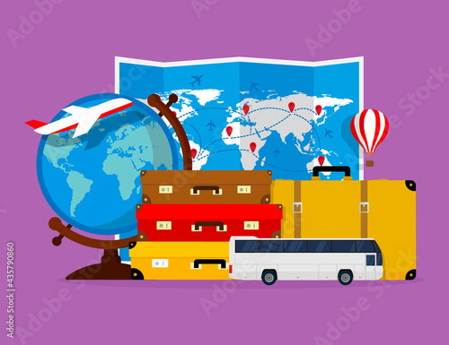 Travel and tourism. Suitcases, globe, folded map, bus, balloon. Vector illustration. Flat design. EPS10.
