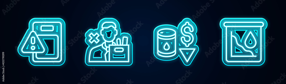 Set line Global economic crisis, Employee dismissal, Drop in crude oil price and . Glowing neon icon. Vector Set line Global economic crisis, Employee dismissal, Drop in crude oil price and . Glowing neon icon. Vector