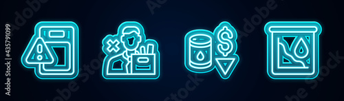 Set line Global economic crisis, Employee dismissal, Drop in crude oil price and . Glowing neon icon. Vector