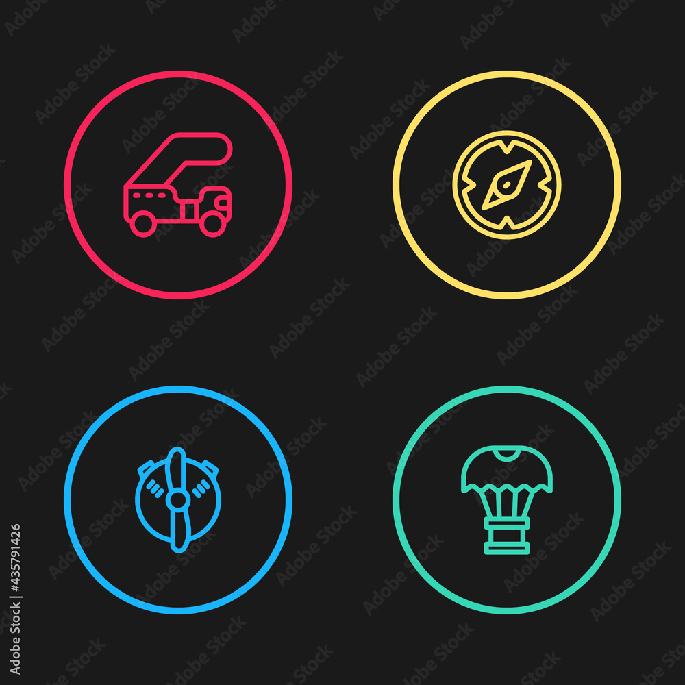 Set line Plane propeller, Box flying on parachute, Compass and Passenger ladder icon. Vector Set line Plane propeller, Box flying on parachute, Compass and Passenger ladder icon. Vector