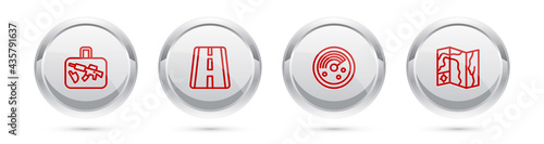 Set line Suitcase, Airport runway, Radar with targets on monitor and World travel map. Silver circle button. Vector