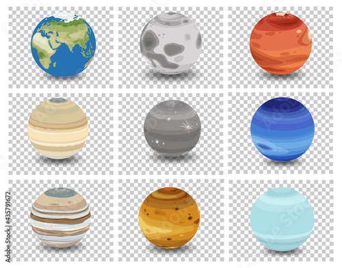 Set of different planets on transparent background