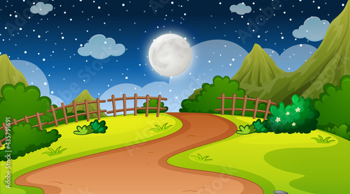 Blank nature park landscape at night scene with pathway through the meadow