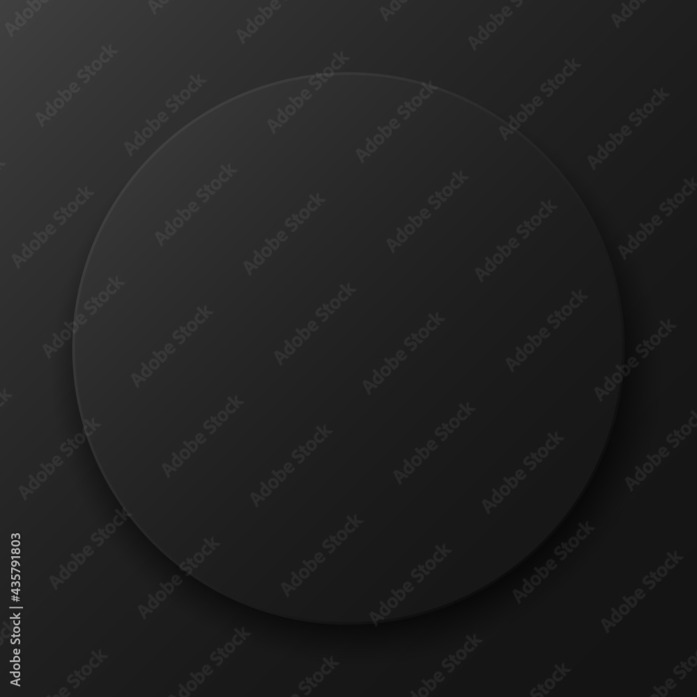 Black round sticker on a dark background. Template for your design presentation, banner or brochure. Vector illustration.