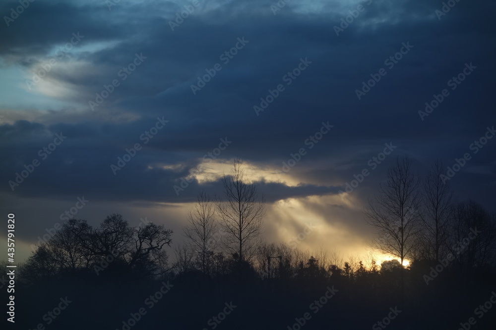 sunrise with silhouetted trees in the distance with a blue sky and orange sun lit clouds