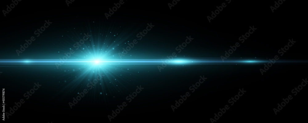 Obraz premium Stylish blue light effect isolated on a dark background. Vector footage for your project. Lens flare. Explosion with glowing sparks. Bright flash with horizontal rays.