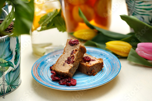 Vegetarian bean pate with cranberries.
A colorful appetizing dish. Culinary photography, food styling.snack, background, delicious, gourmet, appetizer
