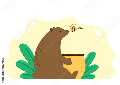 Bear hugging a jar of honey. Bear and Bee cartoon vector. Honey jar vector. Bear character.
