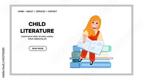 Child Literature Reading Cute Little Girl Vector. Preteen Lady Kid Read Child Literature With Images Or Educational Encyclopedia. Character Researching Interesting Book Web Flat Cartoon Illustration