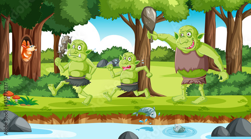 Goblin or troll cartoon character in the forest scene