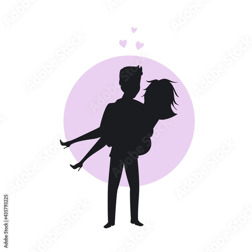 man lifting woman, carrying girlfriend in arms,  romantic couple silhouette vector illustration