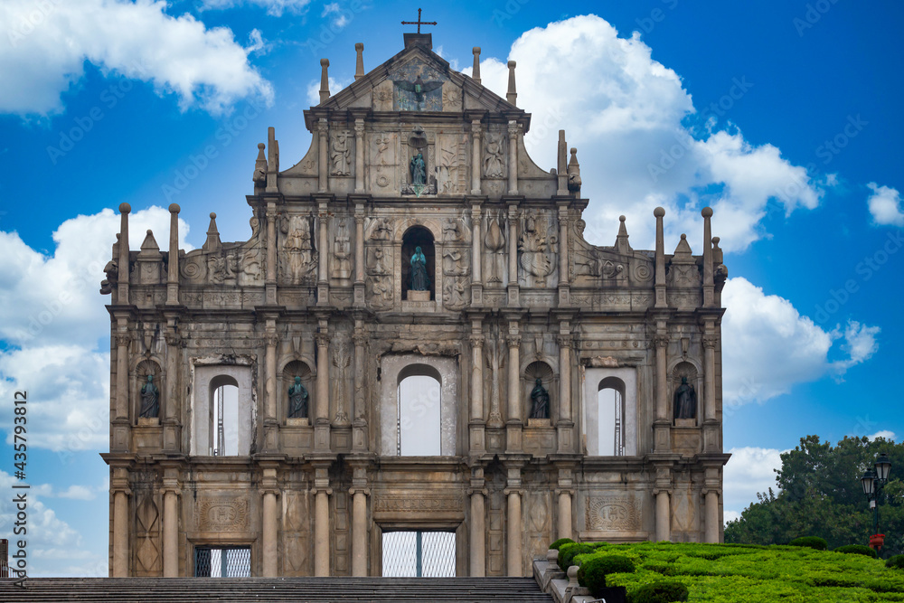 Ruins of St. Paul's Cathedral ancient antique architecture in Macau landmark, Beautiful historic building of Macau, UNESCO World Heritage Site, Macau, China, Asian, Asia.