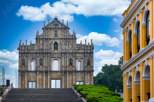 Ruins of St. Paul's Cathedral ancient antique architecture in Macau landmark, Beautiful historic building of Macau, UNESCO World Heritage Site, Macau, China, Asian, Asia. photo