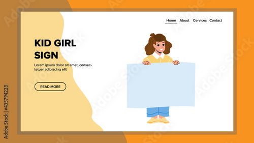 Kid Girl Holding Blank Sign Poster For Text Vector. Little Lady Child Hold Blank Sign Banner For Supporting Sport Team On Championship. Character Staying Paper Sheet Web Flat Cartoon Illustration