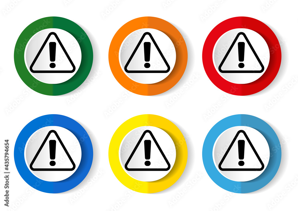 Warning, danger, caution vector icon set, flat design web buttons isolated on white, vector illustration Warning, danger, caution vector icon set, flat design web buttons isolated on white, vector illustration