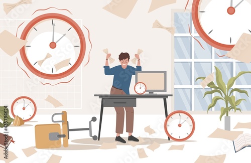 Stressed man standing in the messy office with documents in his hands surrounded by watches vector flat illustration. Working overtime, deadline, high stress at work, productivity concept.