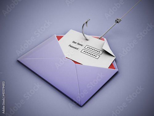 Fish hook stealing user name and password text areas on paper inside an enveloppe. 3D illustration photo