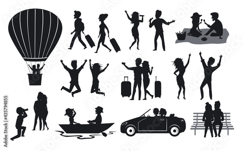 silhouettes of men and woman, couples traveling with suitcases, on hot air balloon ride, sing, dance, in the park on a bench, at picnic, on a roadtrip with car, rowing boat, take selfie